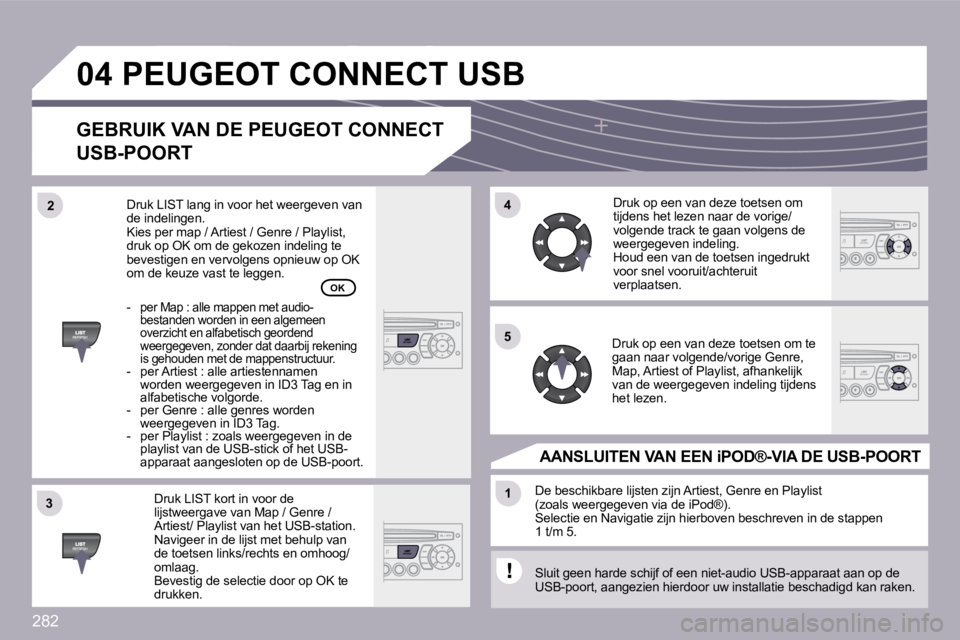 PEUGEOT 3008 2009.5.  Instructieboekje (in Dutch) 282
�3�3
�0�4
�4�4
�1�1
�5�5
�2�2
� �P�E�U�G�E�O�T� �C�O�N�N�E�C�T� �U�S�B� 
� � �G�E�B�R�U�I�K� �V�A�N� �D�E� �P�E�U�G�E�O�T� �C�O�N�N�E�C�T� 
�U�S�B�-�P�O�O�R�T� 
  Druk LIST kort in voor de lijstwe