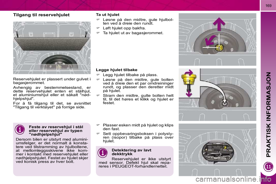 PEUGEOT 3008 2009.5.  Instruksjoner for bruk (in Norwegian) PRAKTISK INFORMASJON
169
  Feste av reservehjul i stål  
eller reservehjul av typen 
"nødhjelpshjul" 
 Dersom bilen er utstyrt med alumini-
umsfelger,  er  det  normalt  å  konsta-
tere  ved  tilst