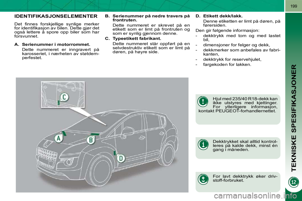 PEUGEOT 3008 2009.5.  Instruksjoner for bruk (in Norwegian) TEKNISKE SPESIFIKASJONER
199
                   IDENTIFIKASJONSELEMENTER 
� �D�e�t�  �ﬁ� �n�n�e�s�  �f�o�r�s�k�j�e�l�l�i�g�e�  �s�y�n�l�i�g�e�  �m�e�r�k�e�r�  
�f�o�r� �i�d�e�n�t�i�ﬁ� �k�a�s�j�o�n