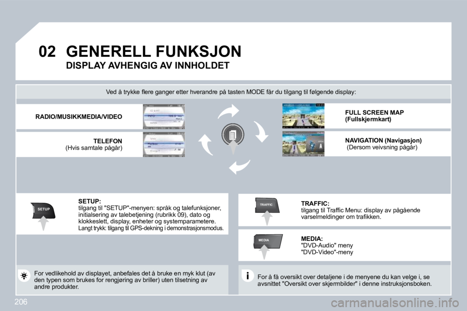 PEUGEOT 3008 2009.5.  Instruksjoner for bruk (in Norwegian) 206
02
SETUP
MEDIA
TRAFFIC
       GENERELL FUNKSJON  
� �F�o�r� �å� �f�å� �o�v�e�r�s�i�k�t� �o�v�e�r� �d�e�t�a�l�j�e�n�e� �i� �d�e� �m�e�n�y�e�n�e� �d�u� �k�a�n� �v�e�l�g�e� �i�,� �s�e� �a�v�s�n�i�t
