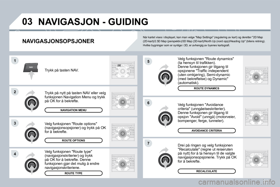 PEUGEOT 3008 2009.5.  Instruksjoner for bruk (in Norwegian) �2�1�1
NAV
03
5
�6
�7
1
2
3
�4
� �N�A�V�I�G�A�S�J�O�N� �-� �G�U�I�D�I�N�G� 
� � �N�A�V�I�G�A�S�J�O�N�S�O�P�S�J�O�N�E�R� 
� �V�e�l�g� �f�u�n�k�s�j�o�n�e�n� �"�R�o�u�t�e� �d�y�n�a�m�i�c�s�"� �(�