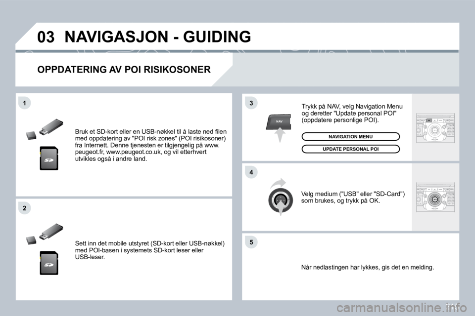 PEUGEOT 3008 2009.5.  Instruksjoner for bruk (in Norwegian) �2�1�5
03
5
3
�4
2
NAV
1
� �B�r�u�k� �e�t� �S�D�-�k�o�r�t� �e�l�l�e�r� �e�n� �U�S�B�-�n�ø�k�k�e�l� �t�i�l� �å� �l�a�s�t�e� �n�e�d� �ﬁ� �l�e�n� �m�e�d� �o�p�p�d�a�t�e�r�i�n�g� �a�v� �"�P�O�I� �