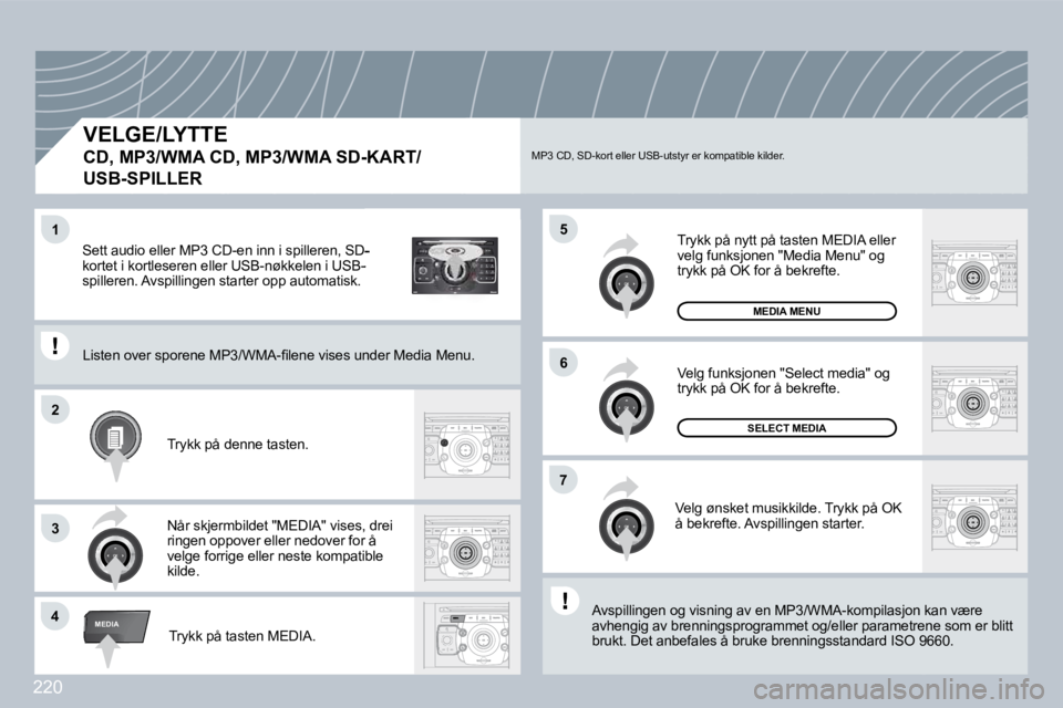 PEUGEOT 3008 2009.5.  Instruksjoner for bruk (in Norwegian) 220
2
ABC 3
DEF
5
JKL
4
GHI 6
MNO
8
TUV
7
PQRS 9
WXYZ
0
* #
1
RADIO MEDIA
NAV ESC TRAFFIC
SETUP
ADDR BOOK
�4
5
�6
2
�7
3
1
MEDIA
� � �V�E�L�G�E�/�L�Y�T�T�E� � 
�C�D�,� �M�P�3�/�W�M�A� �C�D�,� �M�P�3�/