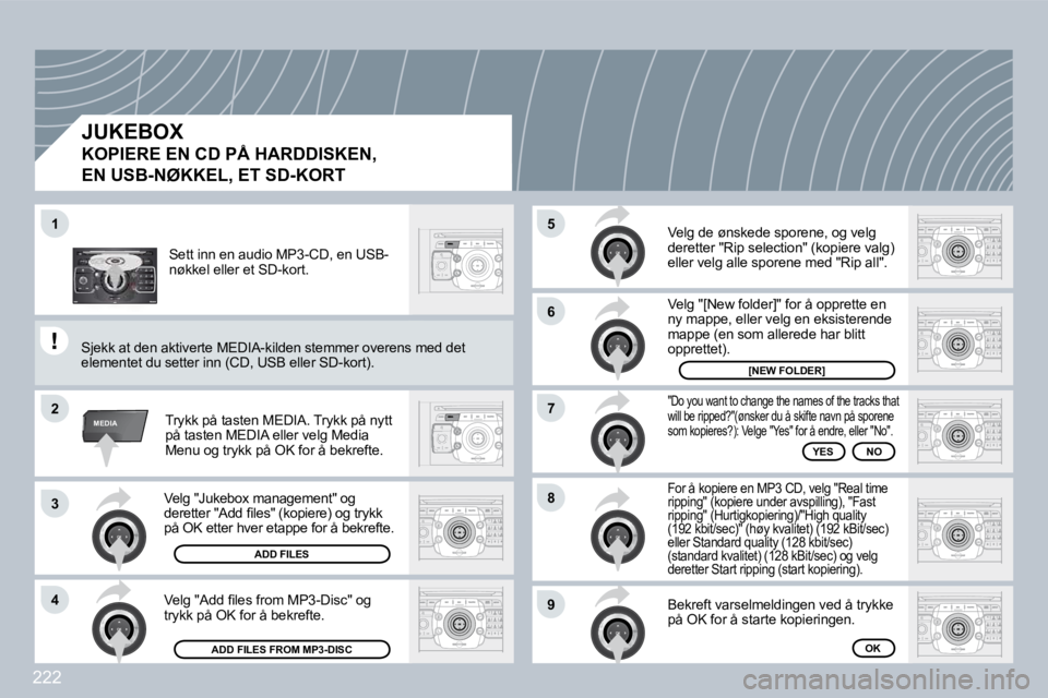 PEUGEOT 3008 2009.5.  Instruksjoner for bruk (in Norwegian) 222
2
ABC 3
DEF
5
JKL
4
GHI 6
MNO
8
TUV
7
PQRS 9
WXYZ
0
* #
1
RADIO MEDIA
NAV ESC TRAFFIC
SETUP
ADDR BOOK
1
2
3
�4
5
�6
�7
�8
�9
MEDIA
� �V�e�l�g� �"�J�u�k�e�b�o�x� �m�a�n�a�g�e�m�e�n�t�"� �o�