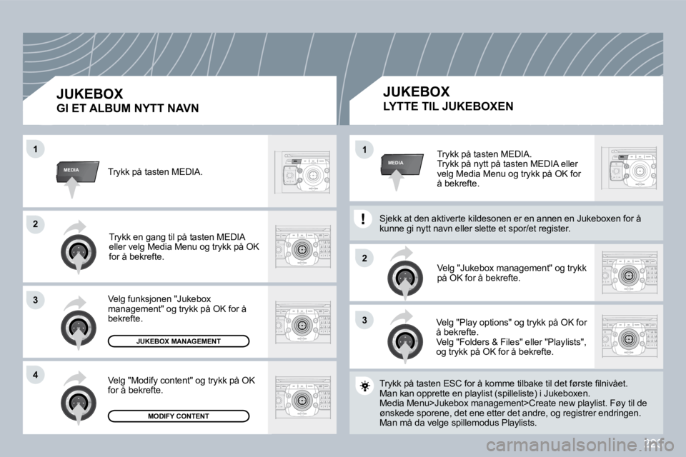 PEUGEOT 3008 2009.5.  Instruksjoner for bruk (in Norwegian) 223
33
22
MEDIA
22
33
�4�4
11
MEDIA11� �T�r�y�k�k� �p�å� �t�a�s�t�e�n� �M�E�D�I�A�.� � �T�r�y�k�k� �p�å� �n�y�t�t� �p�å� �t�a�s�t�e�n� �M�E�D�I�A� �e�l�l�e�r� �v�e�l�g� �M�e�d�i�a� �M�e�n�u� �o�g� 