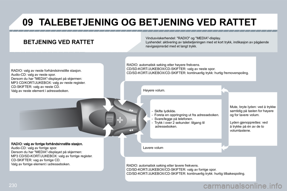 PEUGEOT 3008 2009.5.  Instruksjoner for bruk (in Norwegian) 230
�0�9
� �A�u�d�i�o�-�C�D�:� �v�a�l�g� �a�v� �f�o�r�r�i�g�e� �s�p�o�r�.� � �D�e�r�s�o�m� �d�u� �h�a�r� �"�M�E�D�I�A�"�-�d�i�s�p�l�a�y�e�t� �p�å� �s�k�j�e�r�m�e�n�:� � �M�P�3� �C�D�/�S�D�-�K