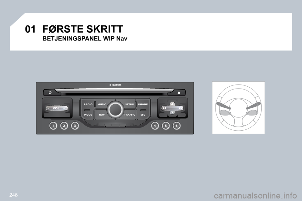 PEUGEOT 3008 2009.5.  Instruksjoner for bruk (in Norwegian) 246
01 FØRSTE SKRITT 
  BETJENINGSPANEL WIP Nav      
