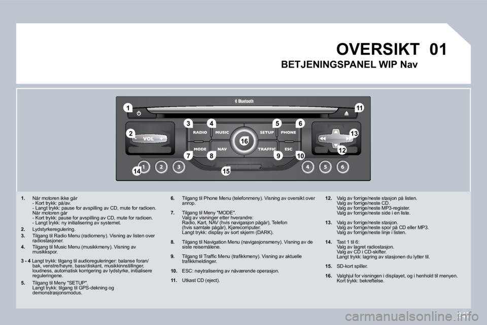 PEUGEOT 3008 2009.5.  Instruksjoner for bruk (in Norwegian) 247
01
1
5
10
2
346
13
11
�9
1415
�7812
16
   1.   Når motoren ikke går    - Kort trykk: på/av.    - Langt trykk: pause for avspilling av CD, mute for radioen.    Når motoren går    - Kort trykk: