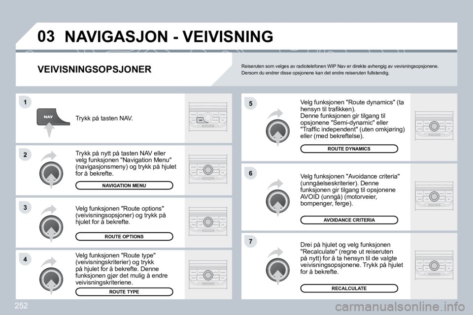 PEUGEOT 3008 2009.5.  Instruksjoner for bruk (in Norwegian) 252
03
5
6
�7
1
2
3
4
 NAVIGASJON - VEIVISNING 
  VEIVISNINGSOPSJONER 
 Velg funksjonen "Route dynamics" (ta �h�e�n�s�y�n� �t�i�l� �t�r�a�ﬁ� �k�k�e�n�)�.�  Denne funksjonen gir tilgang til opsjonene
