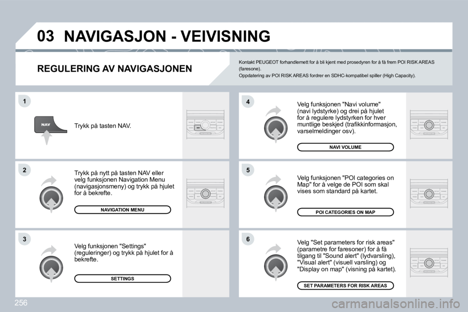PEUGEOT 3008 2009.5.  Instruksjoner for bruk (in Norwegian) 256
03
6
4
5
1
2
3
  REGULERING AV NAVIGASJONEN 
 Velg funksjonen "Navi volume" (navi lydstyrke) og drei på hjulet for å regulere lydstyrken for hver �m�u�n�t�l�i�g�e� �b�e�s�k�j�e�d� �(�t�r�a�ﬁ� 