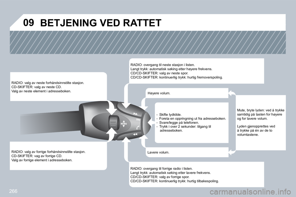 PEUGEOT 3008 2009.5.  Instruksjoner for bruk (in Norwegian) 266
�0�9
  RADIO: valg av forrige forhåndsinnstilte stasjon.  CD-SKIFTER: vag av forrige CD.  Valg av forrige element i adresseboken.  
  RADIO: valg av neste forhåndsinnstilte stasjon.  CD-SKIFTER: