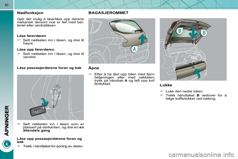 PEUGEOT 3008 2009.5.  Instruksjoner for bruk (in Norwegian) 82
      Nødfunksjon 
 Gjør  det  mulig  å  låse/låse  opp  dørene  
mekanisk  dersom  noe  er  feil  med  bat-
teriet eller sentrallåsen.  
   
�    Sett  nøkkelen  inn  i  låsen  som  er