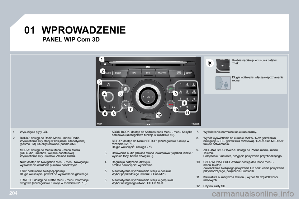 PEUGEOT 3008 2009.5.  Instrukcja obsługi (in Polish) 204
01
2
ABC 3
DEF
5
JKL
4
GHI 6
MNO
8
TUV
7
PQRS 9
WXYZ
0
* #
1
RADIO MEDIA
NAV ESC TRAFFIC
SETUP
ADDR BOOK
1
10
�2
3
4
�6�1�2
�9
�7
�8
115
TU
PQRS
0
*
� � � �1�.� �  �W�y�s�u�n�i
�c�i�e� �p�ł�y�t�