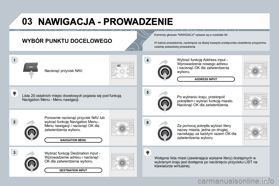 PEUGEOT 3008 2009.5.  Instrukcja obsługi (in Polish) 209
NAV
03
1
�2
3
�6
5
4
� � �W�Y�B�Ó�R� �P�U�N�K�T�U� �D�O�C�E�L�O�W�E�G�O� 
� �P�o�n�o�w�n�i�e� �n�a�c�i�s�n"�ć� �p�r�z�y�c�i�s�k� �N�A�V� �l�u�b� �w�y�b�r�a�ć� �f�u�n�k�c�j
� �N�a�v�i�g�a�