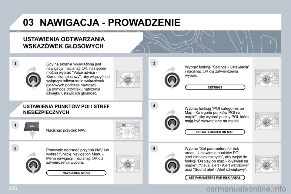 PEUGEOT 3008 2009.5.  Instrukcja obsługi (in Polish) 216
03
5
3
4
NAV1
�2
1
  USTAWIENIA ODTWARZANIA 
�W�S�K�A�Z�Ó�W�E�K� �G�Ł�O�S�O�W�Y�C�H� 
� �W�y�b�r�a�ć� �"�S�e�t� �p�a�r�a�m�e�t�e�r�s� �f�o�r� �r�i�s�k� �a�r�e�a�s� �-� �U�s�t�a�w�i�e�n�i�a�