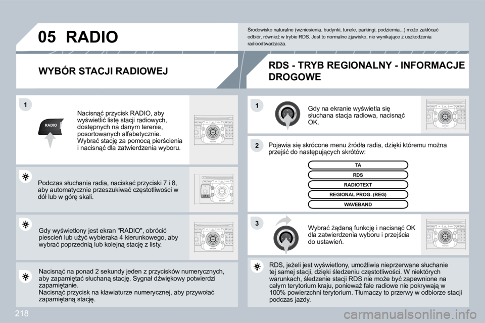 PEUGEOT 3008 2009.5.  Instrukcja obsługi (in Polish) 218
RADIO
11
�2
3
05
� � �W�Y�B�Ó�R� �S�T�A�C�J�I� �R�A�D�I�O�W�E�J� 
� �G�d�y� �n�a� �e�k�r�a�n�i�e� �w�y;�w�i�e�t�l�a� �s�i
� �s�ł�u�c�h�a�n�a� �s�t�a�c�j�a� �r�a�d�i�o�w�a�,� �n�a�c�i�s�n"
