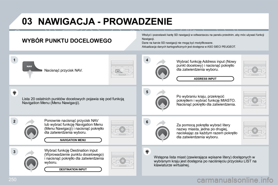 PEUGEOT 3008 2009.5.  Instrukcja obsługi (in Polish) 250
03
1
2
3
6
5
4
           NAWIGACJA - PROWADZENIE 
� � �W�Y�B�Ó�R� �P�U�N�K�T�U� �D�O�C�E�L�O�W�E�G�O� 
� �P�o�n�o�w�n�i�e� �n�a�c�i�s�n"�ć� �p�r�z�y�c�i�s�k� �N�A�V� �l�u�b� �w�y�b�r�a�ć�
