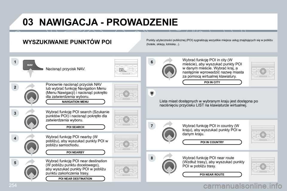 PEUGEOT 3008 2009.5.  Instrukcja obsługi (in Polish) 254
03
1
2
3
4
7
�85
6
 NAWIGACJA - PROWADZENIE 
� � �W�Y�S�Z�U�K�I�W�A�N�I�E� �P�U�N�K�T�Ó�W� �P�O�I� 
� �N�a�c�i�s�n"�ć� �p�r�z�y�c�i�s�k� �N�A�V�.� 
� �P�o�n�o�w�n�i�e� �n�a�c�i�s�n"�ć