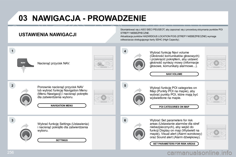 PEUGEOT 3008 2009.5.  Instrukcja obsługi (in Polish) 256
03
6
4
5
1
2
3
  USTAWIENIA NAWIGACJI 
� �W�y�b�r�a�ć� �f�u�n�k�c�j
� �N�a�v�i� �v�o�l�u�m�e� �(�G�ł�o;�n�o;�ć� �k�o�m�u�n�i�k�a�t�ó�w� �g�ł�o�s�o�w�y�c�h�)� �i� �p�r�z�e�k�r
�c�i�ć� �p�