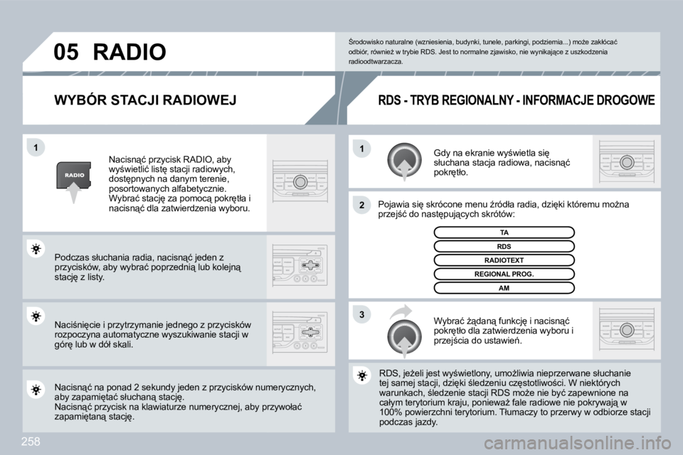 PEUGEOT 3008 2009.5.  Instrukcja obsługi (in Polish) 258
11
2
3
05
� � �W�Y�B�Ó�R� �S�T�A�C�J�I� �R�A�D�I�O�W�E�J� 
� �G�d�y� �n�a� �e�k�r�a�n�i�e� �w�y;�w�i�e�t�l�a� �s�i
� �s�ł�u�c�h�a�n�a� �s�t�a�c�j�a� �r�a�d�i�o�w�a�,� �n�a�c�i�s�n"�ć� �p