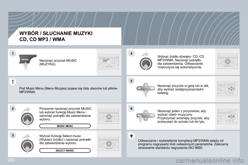 PEUGEOT 3008 2009.5.  Instrukcja obsługi (in Polish) 260
1
2
3
5
4
6
� � � � � � � � � � �W�Y�B�Ó�R� �/� �S�Ł�U�C�H�A�N�I�E� �M�U�Z�Y�K�I� � 
CD, CD MP3 / WMA 
� �O�d�t�w�a�r�z�a�n�i�e� �i� �w�y;�w�i�e�t�l�a�n�i�e� �k�o�m�p�i�l�a�c�j�i� �M�P�3�/�W�M�