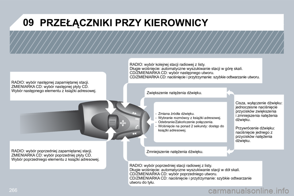 PEUGEOT 3008 2009.5.  Instrukcja obsługi (in Polish) 266
09
� � �R�A�D�I�O�:� �w�y�b�ó�r� �p�o�p�r�z�e�d�n�i�e�j� �z�a�p�a�m�i
�t�a�n�e�j� �s�t�a�c�j�i�.� � �Z�M�I�E�N�I�A�R�K�A� �C�D�:� �w�y�b�ó�r� �p�o�p�r�z�e�d�n�i�e�j� �p�ł�y�t�y� �C�D�.� � �W�y
