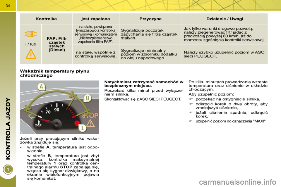 PEUGEOT 3008 2009.5.  Instrukcja obsługi (in Polish) 34
�W�s�k�a(�n�i�k� �t�e�m�p�e�r�a�t�u�r�y� �p�ł�y�n�u� �c�h�ł�o�d�n�i�c�z�e�g�o� 
� �J�eG�e�l�i�  �p�r�z�y�  �p�r�a�c�u�j"�c�y�m�  �s�i�l�n�i�k�u�  �w�s�k�a�- 
�z�ó�w�k�a� �z�n�a�j�d�u�j�e�