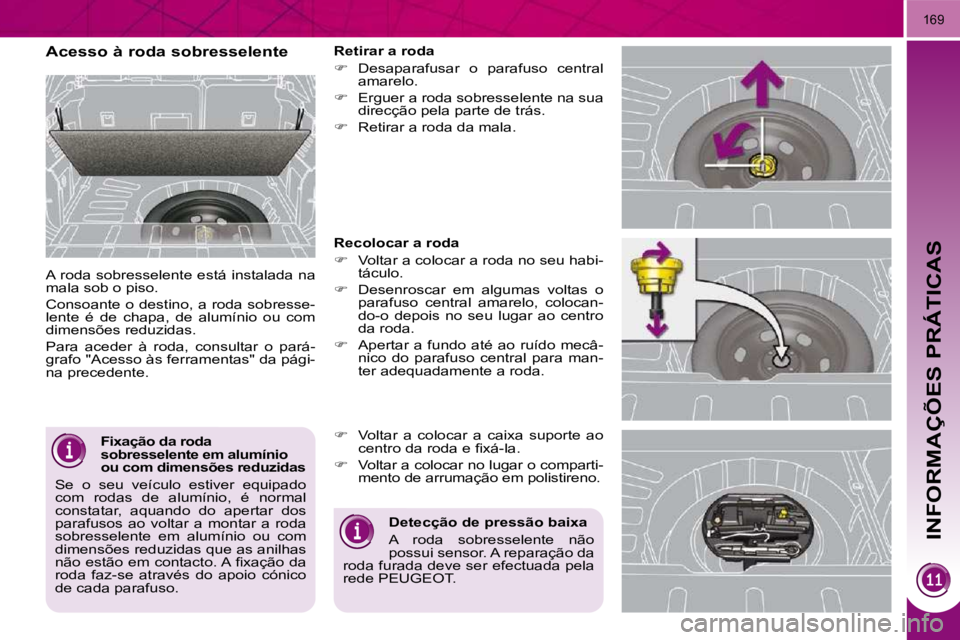 PEUGEOT 3008 2009.5.  Manual de utilização (in Portuguese)  INFORMAÇÕES PRÁTICAS
169
  Fixação da roda  
sobresselente em alumínio 
ou com dimensões reduzidas 
 Se  o  seu  veículo  estiver  equipado 
com  rodas  de  alumínio,  é  normal 
constatar,