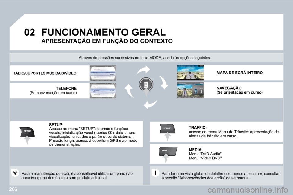 PEUGEOT 3008 2009.5.  Manual de utilização (in Portuguese) 206
02
SETUP
MEDIA
TRAFFIC
       FUNCIONAMENTO GERAL  
 Para ter uma vista global do detalhe dos menus a escolher, consultar a secção "Arborescências dos ecrãs" deste manual.  
  Através de pres