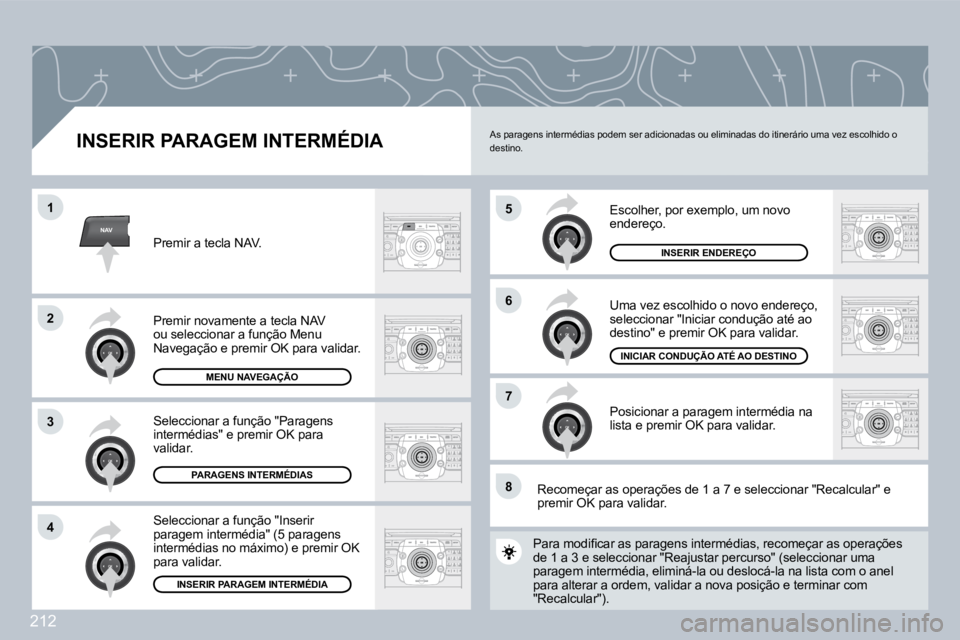 PEUGEOT 3008 2009.5.  Manual de utilização (in Portuguese) 212
NAV
5
6
7
1
2
3
4
8
  INSERIR PARAGEM INTERMÉDIA 
 Escolher, por exemplo, um novo endereço. 
 Uma vez escolhido o novo endereço, seleccionar "Iniciar condução até ao destino" e premir OK par