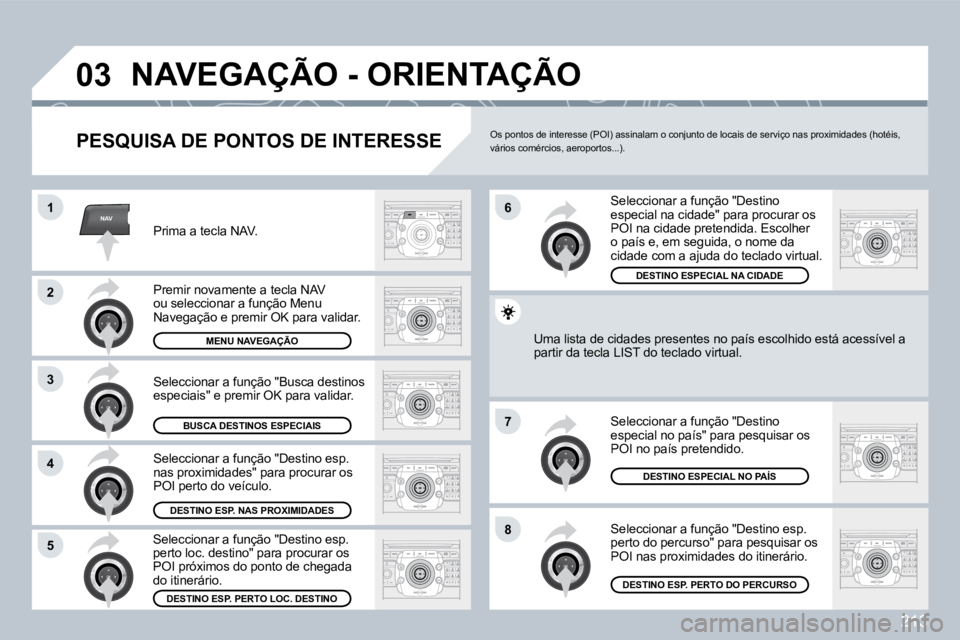 PEUGEOT 3008 2009.5.  Manual de utilização (in Portuguese) 213
NAV
03
1
2
3
4
7
85
6
 NAVEGAÇÃO - ORIENTAÇÃO 
  PESQUISA DE PONTOS DE INTERESSE 
 Prima a tecla NAV. 
 Premir novamente a tecla NAV ou seleccionar a função Menu Navegação e premir OK para