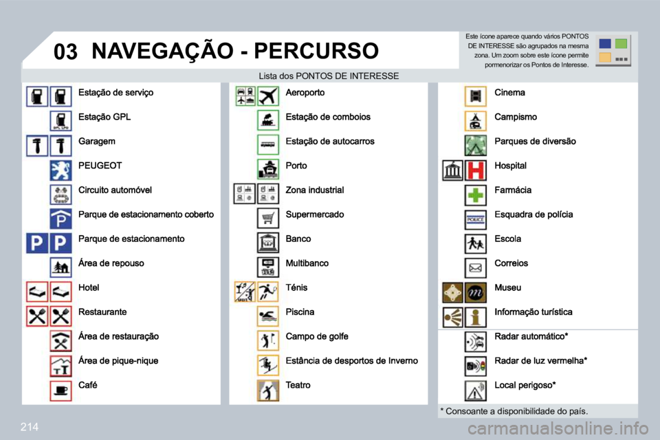 PEUGEOT 3008 2009.5.  Manual de utilização (in Portuguese) 214
03 NAVEGAÇÃO - PERCURSO 
  Lista dos PONTOS DE INTERESSE NTOS DE INTERESSE 
  *   Consoante a disponibilidade do país.  
 Este ícone aparece quando vários PONTOS DE INTERESSE são agrupados n