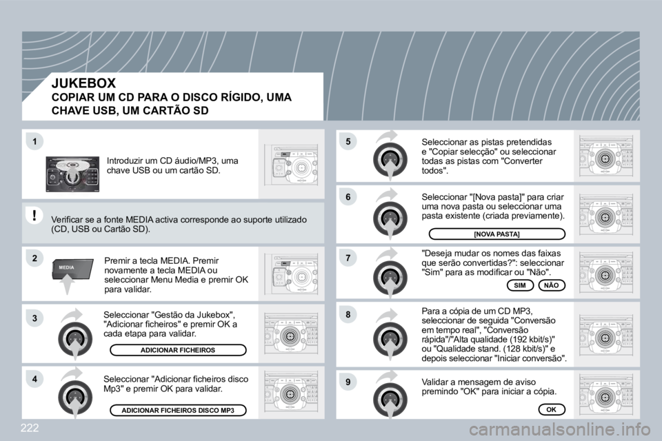 PEUGEOT 3008 2009.5.  Manual de utilização (in Portuguese) 222
2
ABC 3
DEF
5
JKL
4
GHI 6
MNO
8
TUV
7
PQRS 9
WXYZ
0
* #
1
RADIO MEDIA
NAV ESC TRAFFIC
SETUP
ADDR BOOK
1
2
3
4
5
6
7
8
�9
MEDIA
 Seleccionar "Gestão da Jukebox", �"�A�d�i�c�i�o�n�a�r� �ﬁ� �c