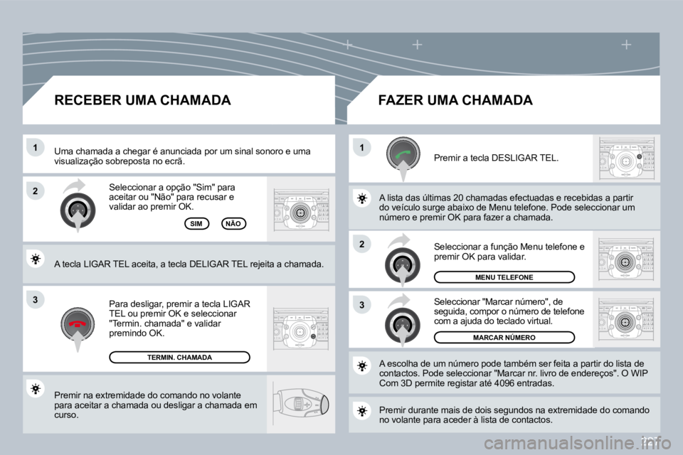 PEUGEOT 3008 2009.5.  Manual de utilização (in Portuguese) 227
3
11
2
3
2
 Premir na extremidade do comando no volante para aceitar a chamada ou desligar a chamada em curso.  
 Seleccionar a opção "Sim" para aceitar ou "Não" para recusar e validar ao premi