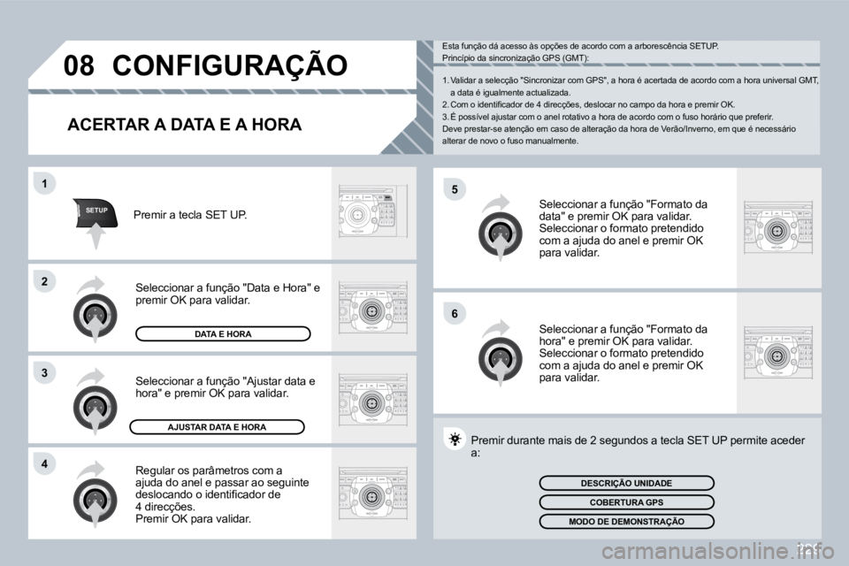 PEUGEOT 3008 2009.5.  Manual de utilização (in Portuguese) 229
5
6
SETUP
1
2
3
4
08           CONFIGURAÇÃO 
  ACERTAR A DATA E A HORA 
 Regular os parâmetros com a ajuda do anel e passar ao seguinte �d�e�s�l�o�c�a�n�d�o� �o� �i�d�e�n�t�i�ﬁ� �c�a�d�o�r� �