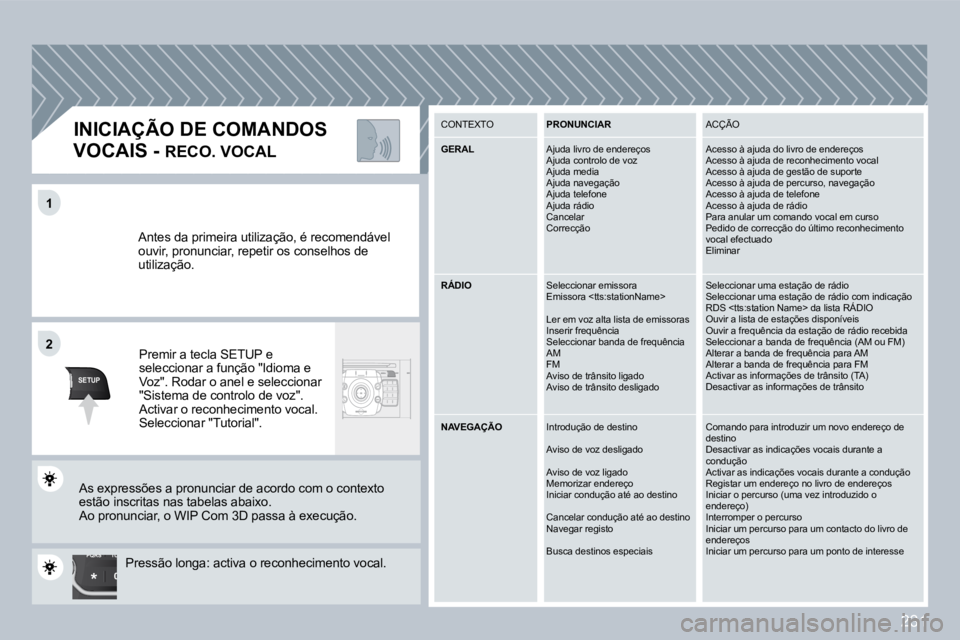 PEUGEOT 3008 2009.5.  Manual de utilização (in Portuguese) 231
TU
PQRS
0
*
11
SETUP
22
 Antes da primeira utilização, é recomendável ouvir, pronunciar, repetir os conselhos de utilização. 
 Premir a tecla SETUP e seleccionar a função "Idioma e Voz". R