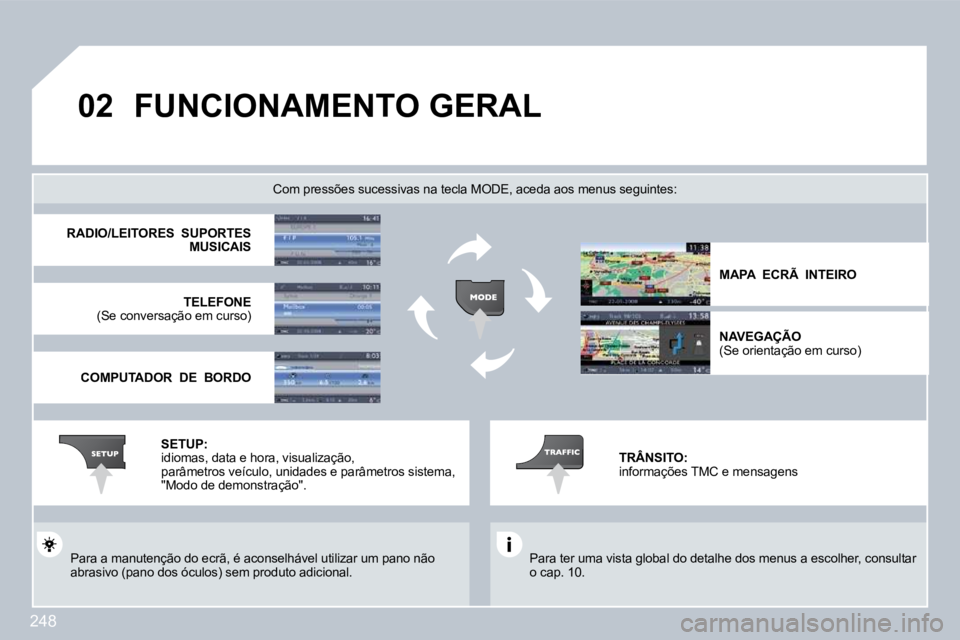 PEUGEOT 3008 2009.5.  Manual de utilização (in Portuguese) 248
02       FUNCIONAMENTO GERAL 
 Para ter uma vista global do detalhe dos menus a escolher, consultar o cap. 10.  
  Com pressões sucessivas na tecla MODE, aceda aos  menus seguintes: 
 Para a manu