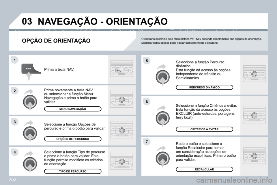 PEUGEOT 3008 2009.5. Manual de utilização (in Portuguese) 252
03
5
6
7
1
2
3
4
NAVEGAÇÃO - ORIENTAÇÃO
OPÇÃO DE ORIENTAÇÃO
Seleccione a função Percurso dinâmico. Esta função dá acesso às opções Independente do trânsito ou Semidinâmic PEUGEOT 3008 2009.5. Manual de utilização (in Portuguese) 252
03
5
6
7
1
2
3
4
NAVEGAÇÃO - ORIENTAÇÃO
OPÇÃO DE ORIENTAÇÃO
Seleccione a função Percurso dinâmico. Esta função dá acesso às opções Independente do trânsito ou Semidinâmic