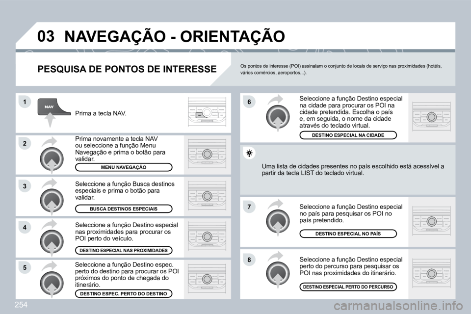 PEUGEOT 3008 2009.5. Manual de utilização (in Portuguese) 254
03
1
2
3
4
7
85
6
NAVEGAÇÃO - ORIENTAÇÃO
PESQUISA DE PONTOS DE INTERESSE
Prima a tecla NAV.
Prima novamente a tecla NAV ou seleccione a função Menu Navegação e prima o botão para PEUGEOT 3008 2009.5. Manual de utilização (in Portuguese) 254
03
1
2
3
4
7
85
6
NAVEGAÇÃO - ORIENTAÇÃO
PESQUISA DE PONTOS DE INTERESSE
Prima a tecla NAV.
Prima novamente a tecla NAV ou seleccione a função Menu Navegação e prima o botão para