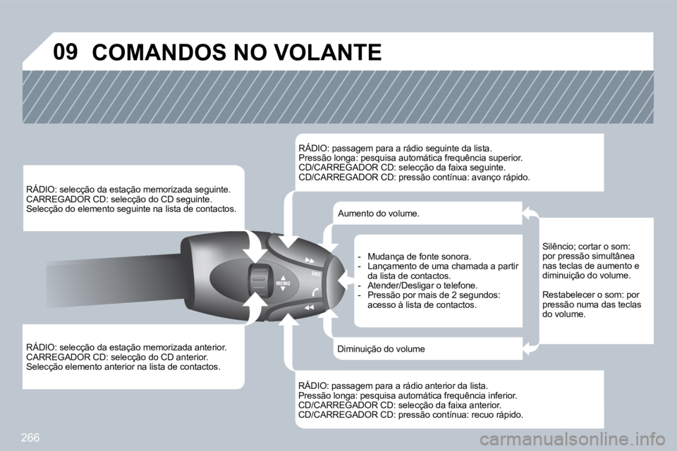 PEUGEOT 3008 2009.5.  Manual de utilização (in Portuguese) 266
09
  RÁDIO: selecção da estação memorizada anterior.  CARREGADOR CD: selecção do CD anterior.  Selecção elemento anterior na lista de contactos.  
  RÁDIO: selecção da estação memori