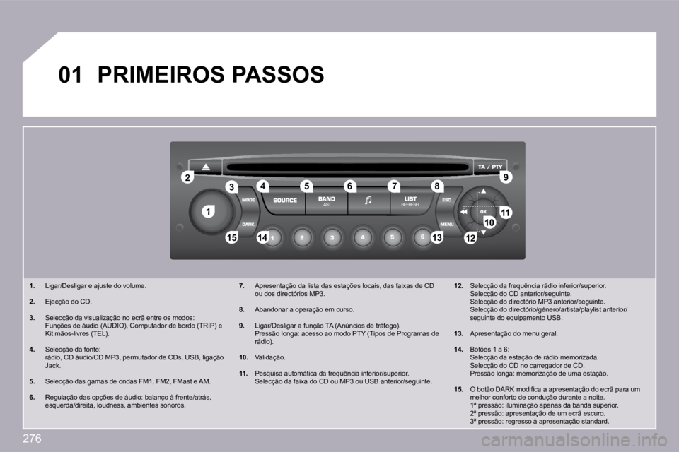 PEUGEOT 3008 2009.5.  Manual de utilização (in Portuguese) 276
�1
�2�2
�1�0�1�0�1�1�1�1
�1�3�1�3�1�4�1�4�1�5�1�5
�3�3�4�4�5�5�6�6�7�7�8�8�9�9
�1�2�1�2
�0�1� �P�R�I�M�E�I�R�O�S� �P�A�S�S�O�S� 
� � � � � �1�.� � � �  �L�i�g�a�r�/�D�e�s�l�i�g�a�r� �e� �a�j�u�s�t