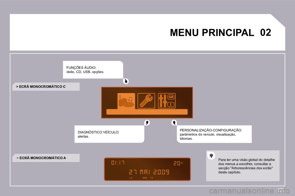 PEUGEOT 3008 2009.5.  Manual de utilização (in Portuguese) 277
�0�2� � � � � � � �M�E�N�U� �P�R�I�N�C�I�P�A�L� � 
� �F�U�N�Ç�Õ�E�S� �Á�U�D�I�O�:�r�á�d�i�o�,� �C�D�,� �U�S�B�,� �o�p�ç�õ�e�s�.� 
� �D�I�A�G�N�Ó�S�T�I�C�O� �V�E�Í�C�U�L�O�:� �a�l�e�r�t�a�s