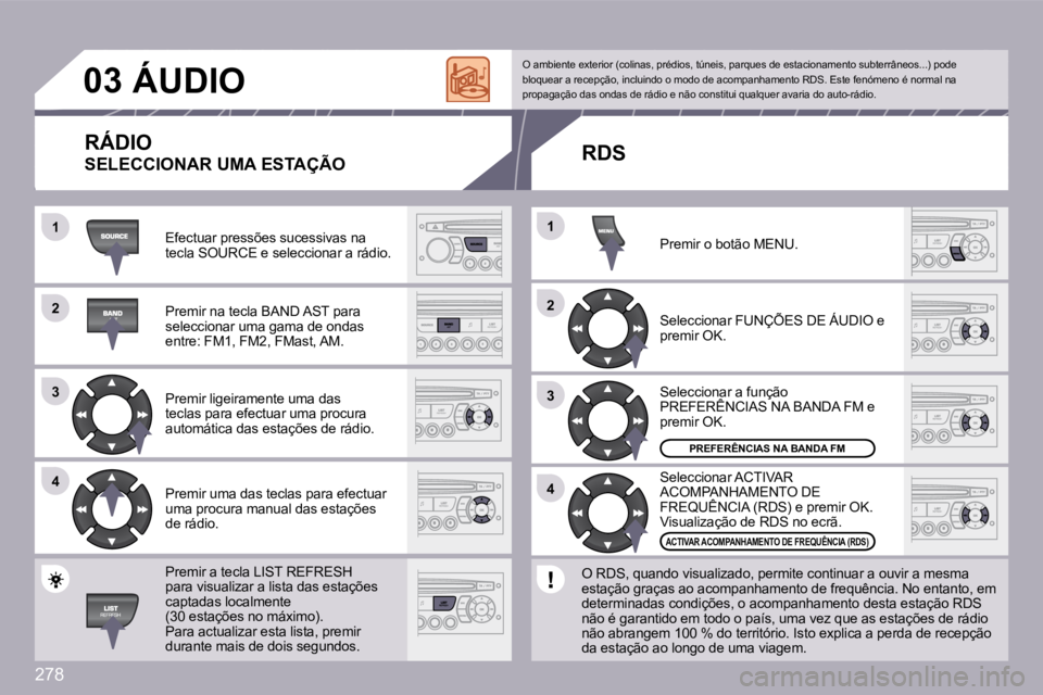 PEUGEOT 3008 2009.5.  Manual de utilização (in Portuguese) 278
�2�2
�3�3
�4�4
�1�1
�2�2
�4�4
�3�3
�1�1
�0�3     ÁUDIO 
� �E�f�e�c�t�u�a�r� �p�r�e�s�s�õ�e�s� �s�u�c�e�s�s�i�v�a�s� �n�a� �t�e�c�l�a� �S�O�U�R�C�E� �e� �s�e�l�e�c�c�i�o�n�a�r� �a� �r�á�d�i�o�.�
