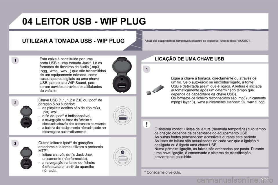 PEUGEOT 3008 2009.5.  Manual de utilização (in Portuguese) �2�8�1
�1�1
�0�4
�1�1
�2�2
�3�3
� � � � � � � � � �L�E�I�T�O�R� �U�S�B� �-� �W�I�P� �P�L�U�G� 
� � �O� �s�i�s�t�e�m�a� �c�o�n�s�t�i�t�u�i� �l�i�s�t�a�s� �d�e� �l�e�i�t�u�r�a� �(�m�e�m�ó�r�i�a� �t�e�m