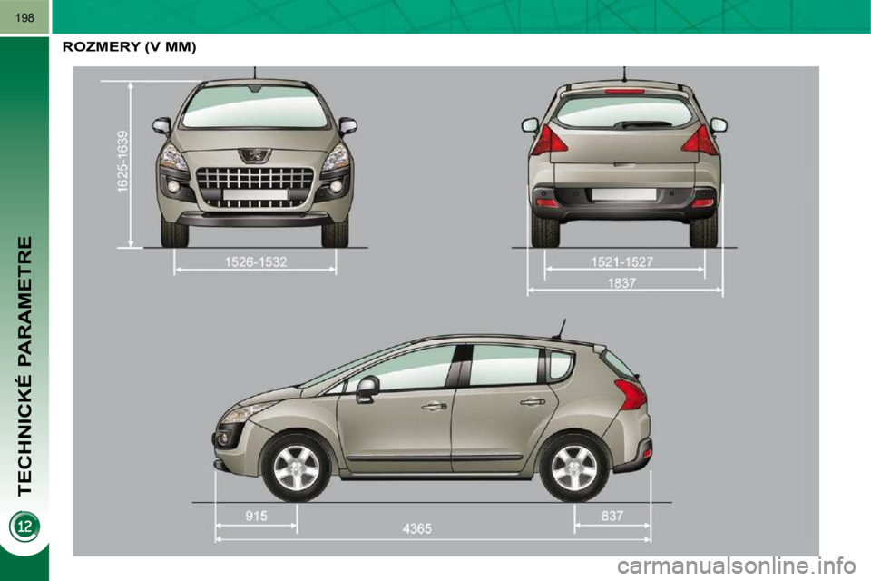 PEUGEOT 3008 2009.5.  Návod na použitie (in Slovakian) TECHNICKÉ PARAMETRE
198
     ROZMERY (V MM)     