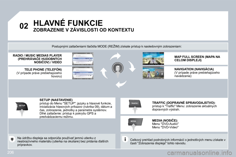PEUGEOT 3008 2009.5.  Návod na použitie (in Slovakian) 206
�0�2
SETUP
MEDIA
TRAFFIC
       HLAVNÉ FUNKCIE  
ZOBRAZENIE V ZÁVISLOSTI OD KONTEXTU 
� �C�e�l�k�o�v�ý� �p�r�e�h-�a�d� �p�o�d�r�o�b�n�ý�c�h� �i�n�f�o�r�m�á�c�i�í� �o� �j�e�d�n�o�t�l�i�v�ý�