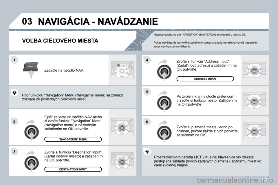 PEUGEOT 3008 2009.5.  Návod na použitie (in Slovakian) 209
NAV
03
1
�2
3
�6
5
�4
� � �V�O,�B�A� �C�I�E,�O�V�É�H�O� �M�I�E�S�T�A� 
� �O�p�ä?� �z�a�t�l�a�č�t�e� �n�a� �t�l�a�č�i�d�l�o� �N�A�V� �a�l�e�b�o� �s�i� �z�v�o-�t�e� �f�u�n�k�c�i�u� �"�N�