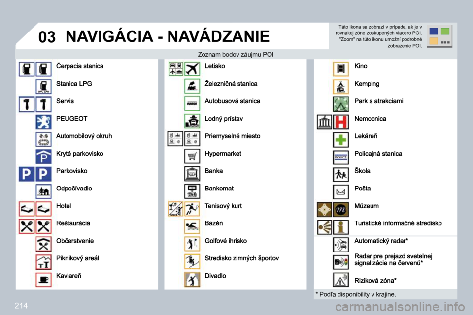 PEUGEOT 3008 2009.5.  Návod na použitie (in Slovakian) 214
03 NAVIGÁCIA - NAVÁDZANIE 
� � �Z�o�z�n�a�m� �b�o�d�o�v� �z�á�u�j�m�u� �P�O�I� � � �Z�o�z�n�a�m� �b�o�d�o�v� �z�á�u�j�m�u� �P�O�I� 
� � �*� � � �P�o�d-�a� �d�i�s�p�o�n�i�b�i�l�i�t�y� �v� �k�r