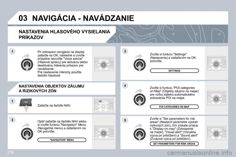 PEUGEOT 3008 2009.5.  Návod na použitie (in Slovakian) 216
03
5
3
�4
NAV1
�2
1
  NASTAVENIA HLASOVÉHO VYSIELANIA 
PRÍKAZOV 
� �Z�v�o-�t�e� �s�i� �"�S�e�t� �p�a�r�a�m�e�t�e�r�s� �f�o�r� �r�i�s�k� �a�r�e�a�s�"� �(�N�a�s�t�a�v�i?� �p�a�r�a�m�e�t�