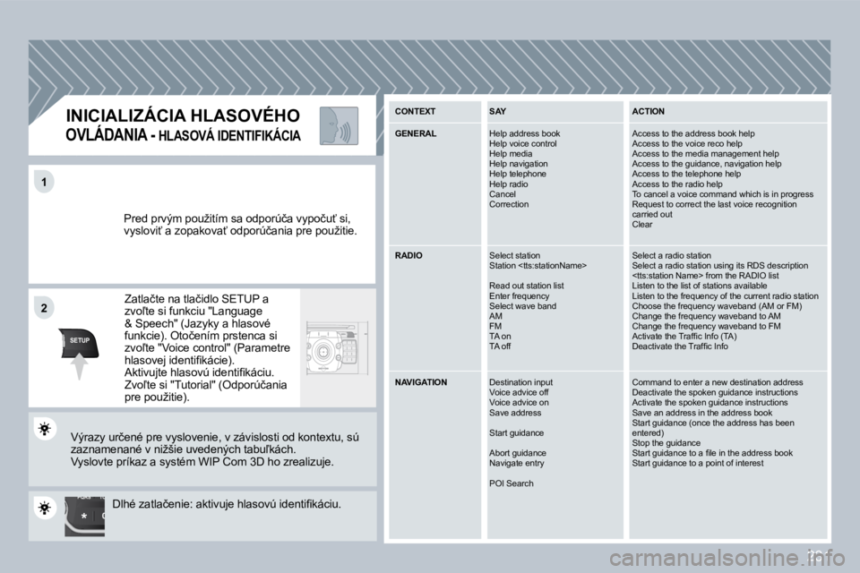 PEUGEOT 3008 2009.5.  Návod na použitie (in Slovakian) 231
TU
PQRS
0
*
11
SETUP
�2�2
� �P�r�e�d� �p�r�v�ý�m� �p�o�u�ž�i�t�í�m� �s�a� �o�d�p�o�r�ú�č�a� �v�y�p�o�č�u?� �s�i�,� �v�y�s�l�o�v�i?� �a� �z�o�p�a�k�o�v�a?� �o�d�p�o�r�ú�č�a�n�i�a� �p�r�e
